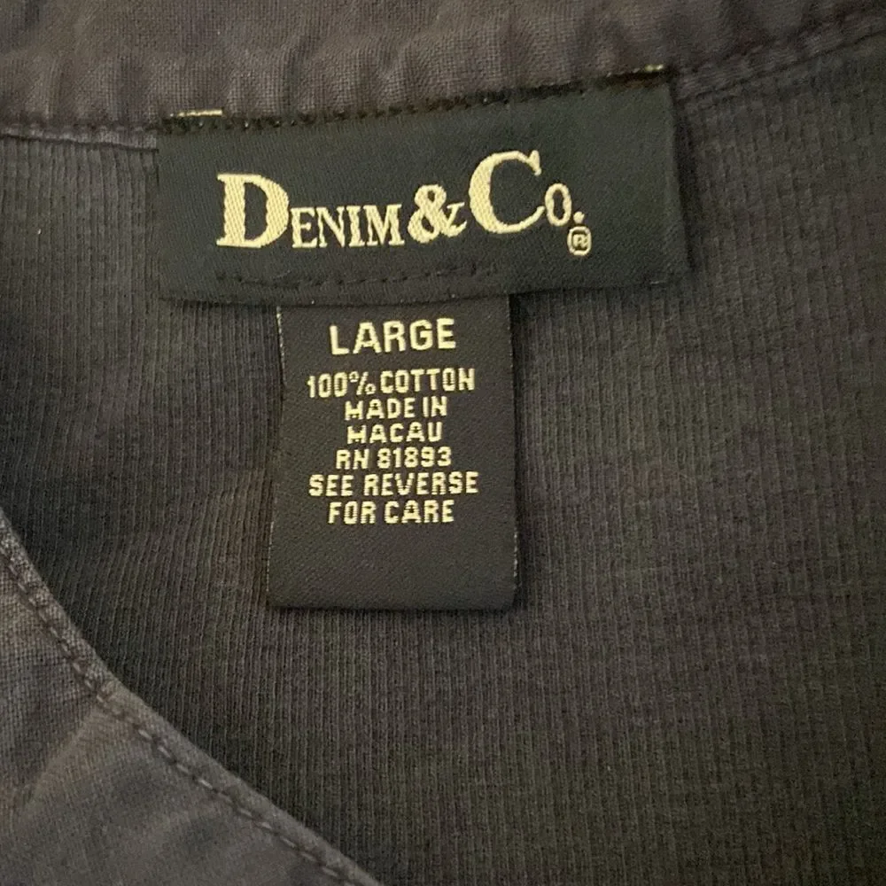 Denim & Co. Ribbed Henley Shirt Dark Blue Long Sleeve Top Size L Casual